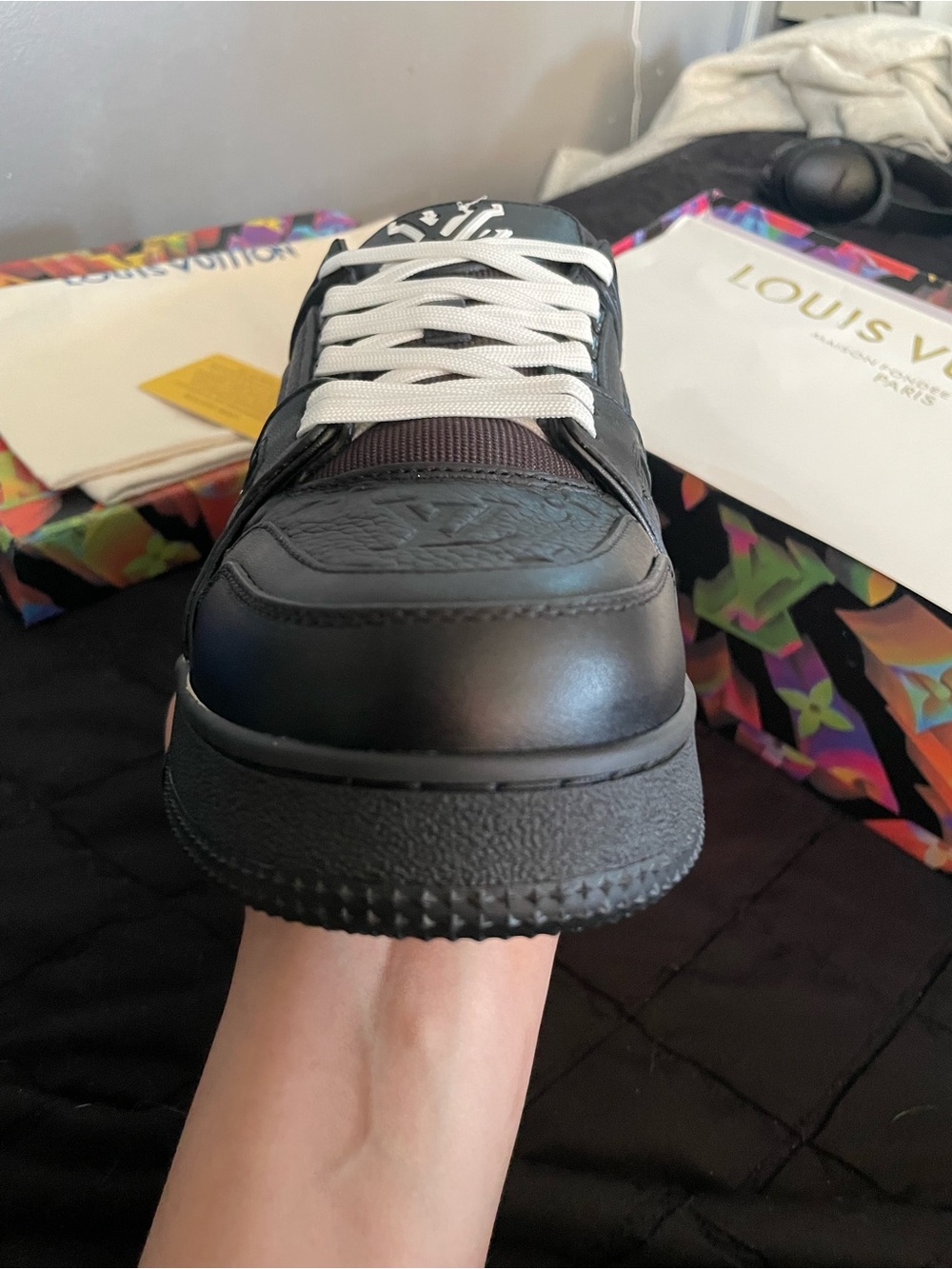 Louis Vuitton Black Low-Top Monogram Leather Sneakers with White Laces - Picture 3 of 6